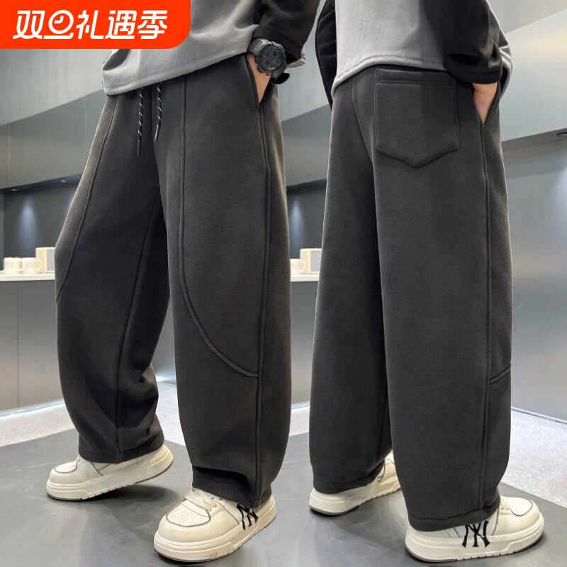 儿童加绒裤子男童运动裤2025新款痞帅风直筒长裤中大童一体绒潮酷