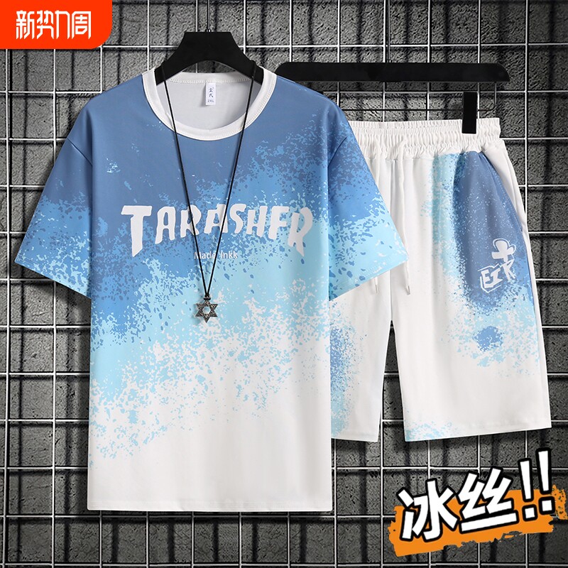 夏季男士潮流宽松渐变短袖短裤套装男圆领休闲简约舒适运动两件套