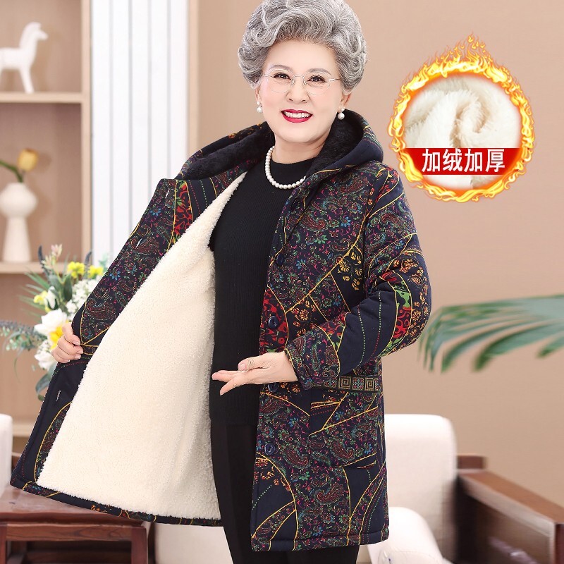 中老年人棉衣女装妈妈装冬装大码老人外套奶奶加绒加厚中长款棉袄