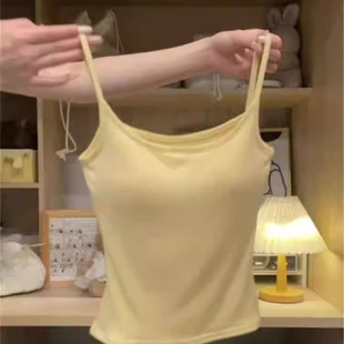 泰式多巴胺穿搭奶黄色带胸垫吊带背心女内搭打底外穿修身美背上衣
