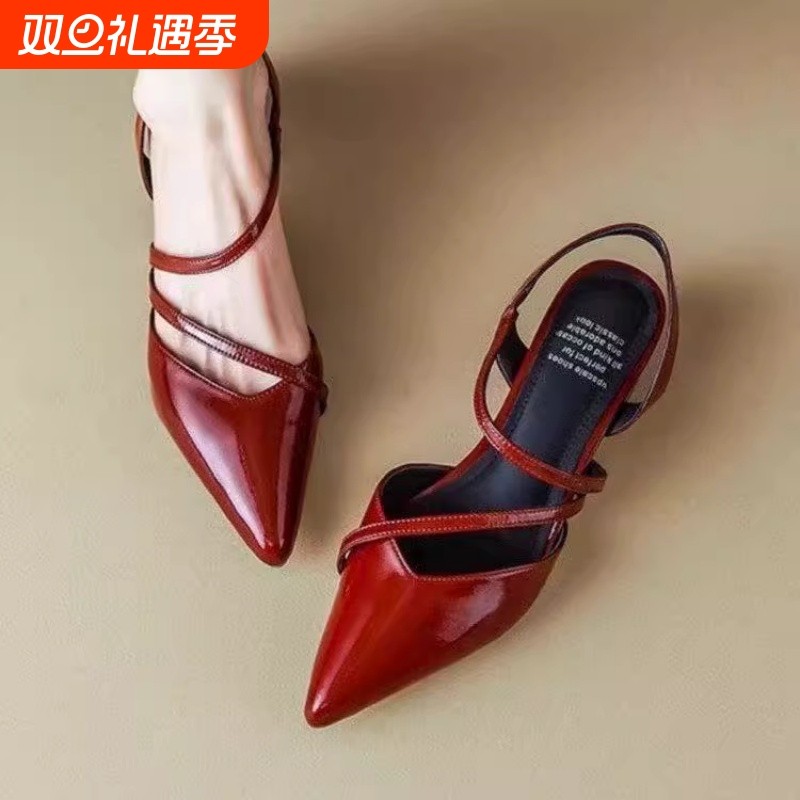 法式银色中跟镂空尖头凉鞋2025新款复古百搭包头浅口粗跟浅口单鞋