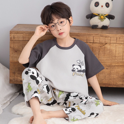 儿童家居服男童短袖长裤纯棉夏季中大童小熊猫宝宝青少年空调服