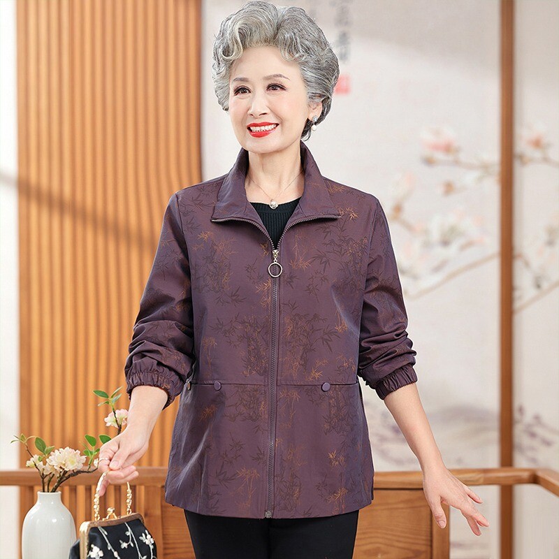 奶奶春秋薄款翻领夹克外套上衣服图片