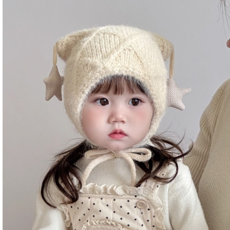 宝宝帽子冬天毛线帽男女童婴幼儿可爱星星加厚保暖针织护耳帽防风