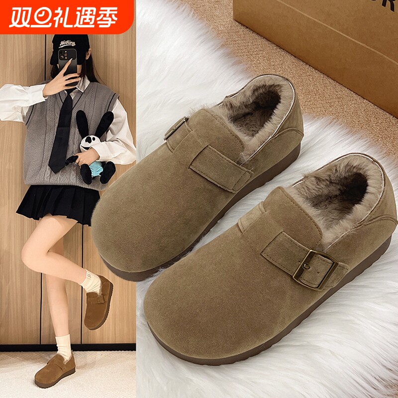 爆款厚底勃肯鞋女2024秋冬新款加绒保暖一脚蹬懒人鞋豆豆棉鞋防水