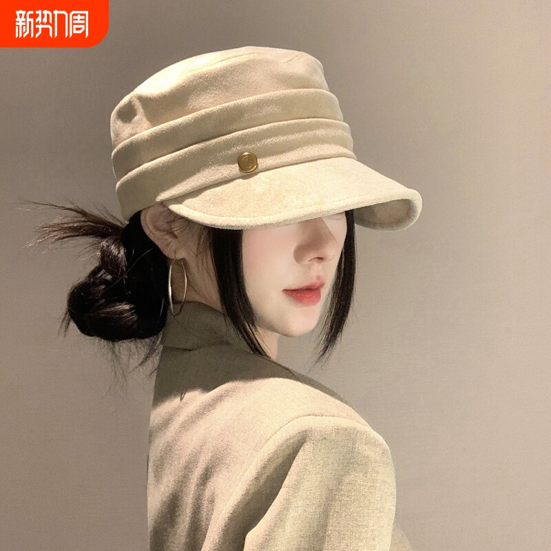 帽子2026新款大头围马术女平顶帽百搭显脸小复古英伦鸭舌帽褶皱