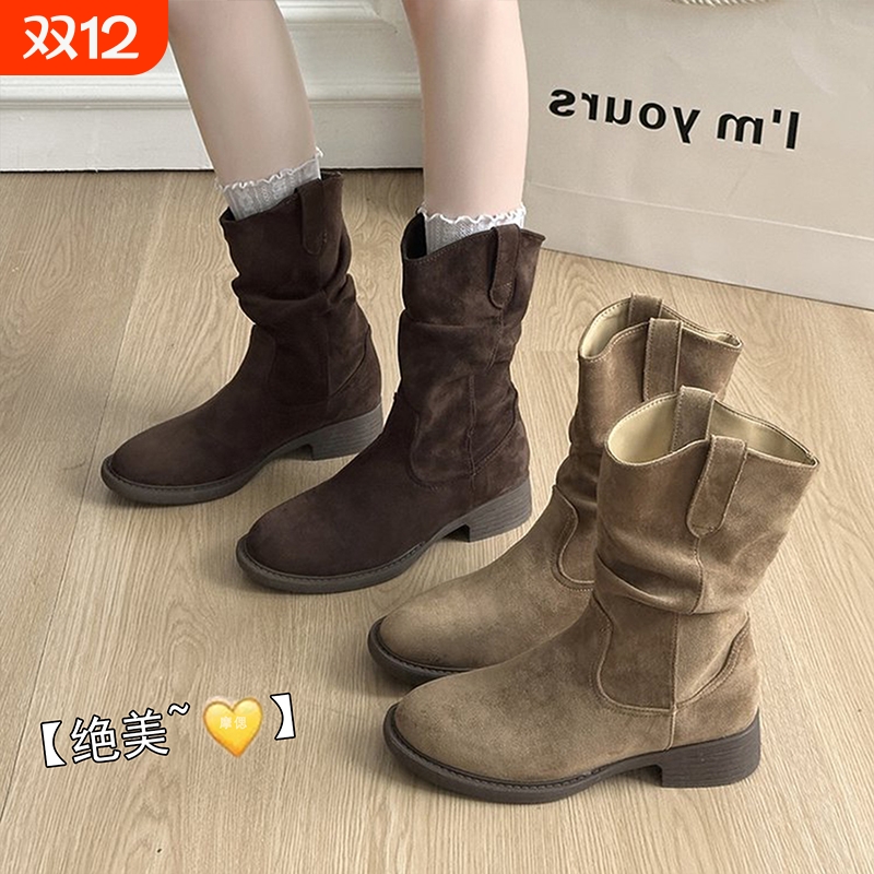 西部牛仔复古短靴子女2025新款美拉德草原中筒堆堆靴马丁靴卡其色