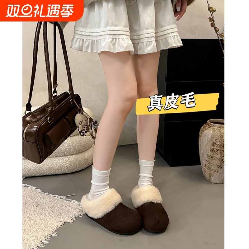 厚底增高加绒勃肯鞋包头毛毛拖鞋女外穿2025新款冬季雪地靴棉拖鞋