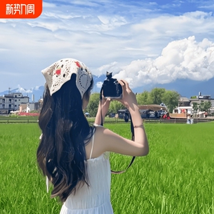 复古针织头巾手工多巴胺三角巾海边出游甜美可爱钩花田园风女头饰