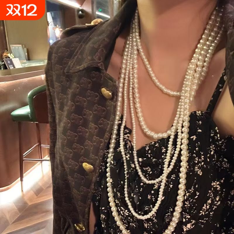 秋冬复古时尚高级感珍珠多层叠搭项链气质长颈链毛衣链2025年新款