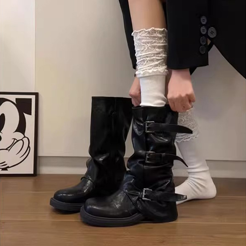 皮带扣褶皱厚底中筒靴女2025秋冬季新款爆款裤管西部靴ins潮靴子