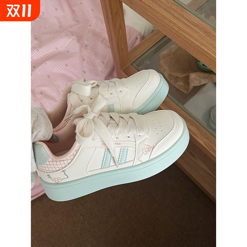 粉色少女厚底板鞋女款2025新款秋季小白鞋小众百搭运动面包鞋防滑