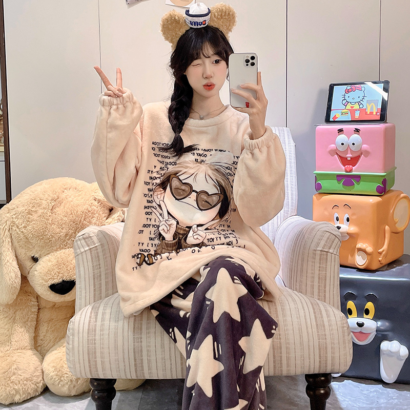 冬季加绒加厚珊瑚绒长袖家居服女