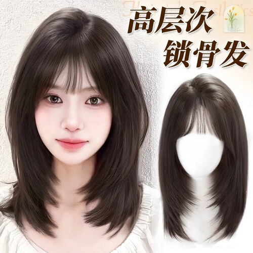 假发全头套女自然仿真锁骨发轻薄无痕日常整顶式短发蕾丝刘海直发