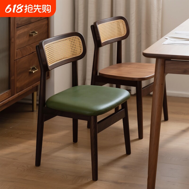 法式复古实木餐椅家用靠背椅子中古风藤编椅餐桌椅凳久坐结实家居