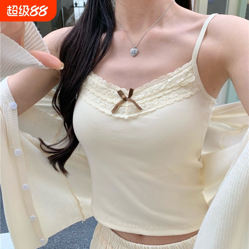 带胸垫蝴蝶结蕾丝吊带背心白色纯欲风修身内搭上衣打底外穿夏薄款