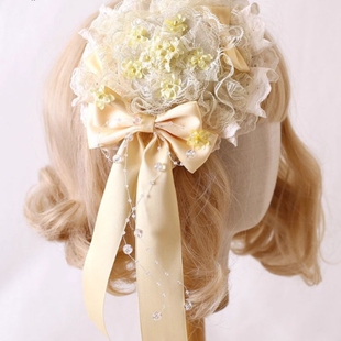 原创奶黄色桂花洛丽塔Lolita蝴蝶结优雅doll发带礼帽丝缎芭蕾发夹