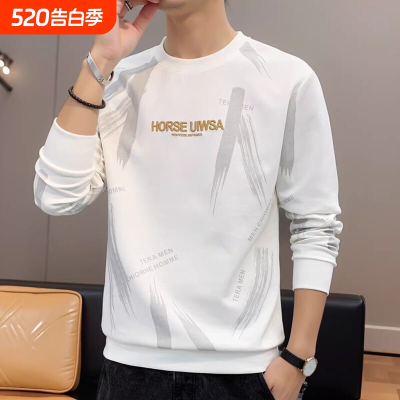 男士T恤卫衣2026春秋款宽松圆领小衫潮流上衣服白色黑色休闲流行