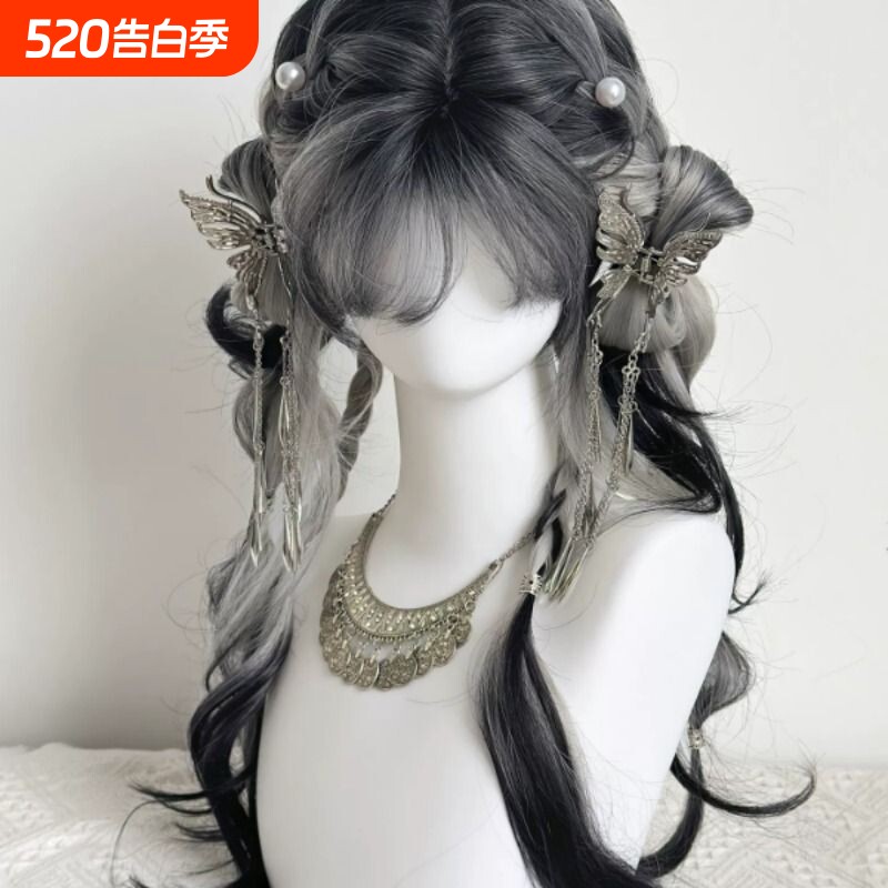 【江南水墨】黑白渐变假发女长发蝴蝶结泡泡辫古风汉服cos 全头套