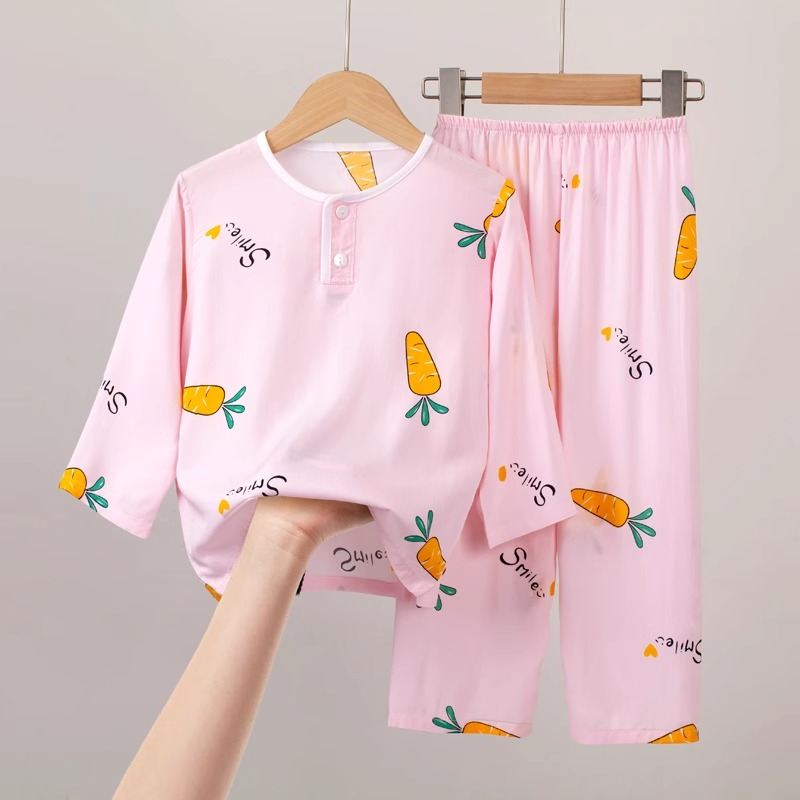儿童睡衣夏季薄款棉绸男孩女孩小孩男童空调服宝宝绵绸女童家居服