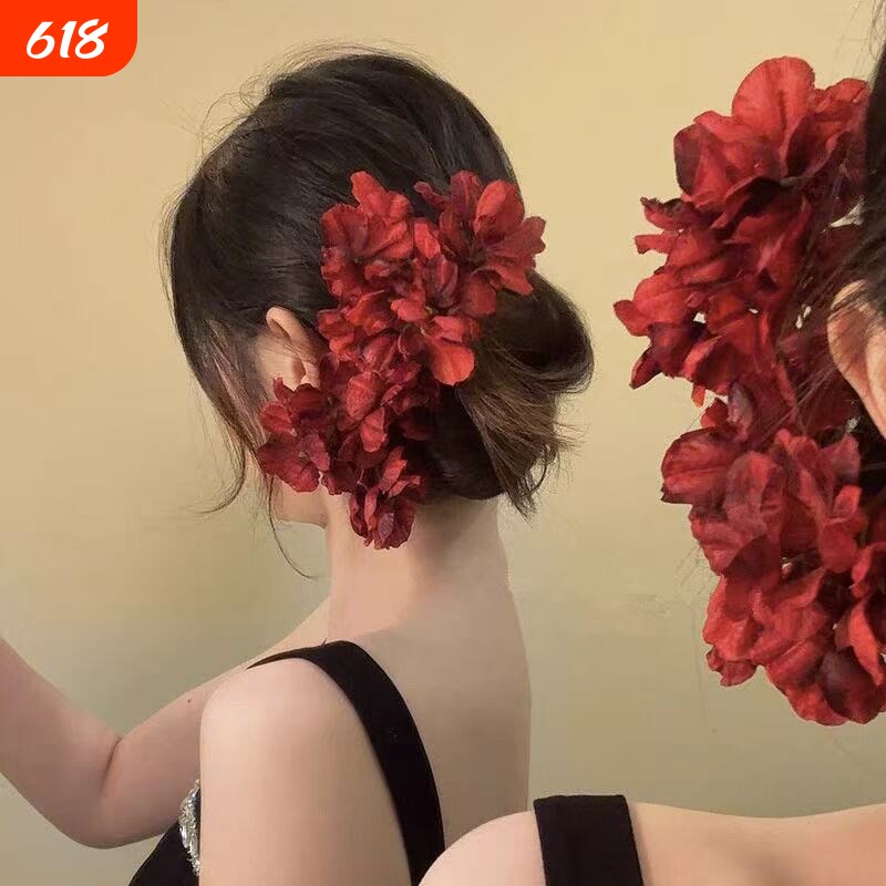 花魁~酒红色绣球花发夹发卡发饰侧边夹汉服旗袍写真花朵婚礼发型