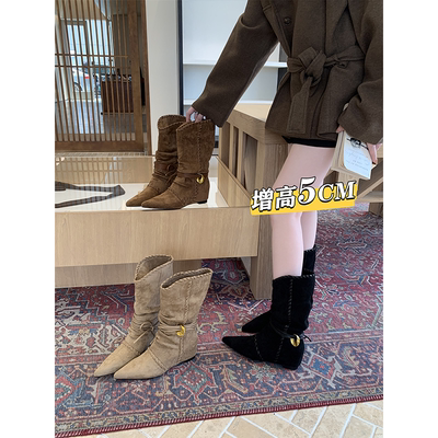 法式内增高尖头中筒靴子女2025秋季新款西部牛仔马丁靴骑士靴黑色