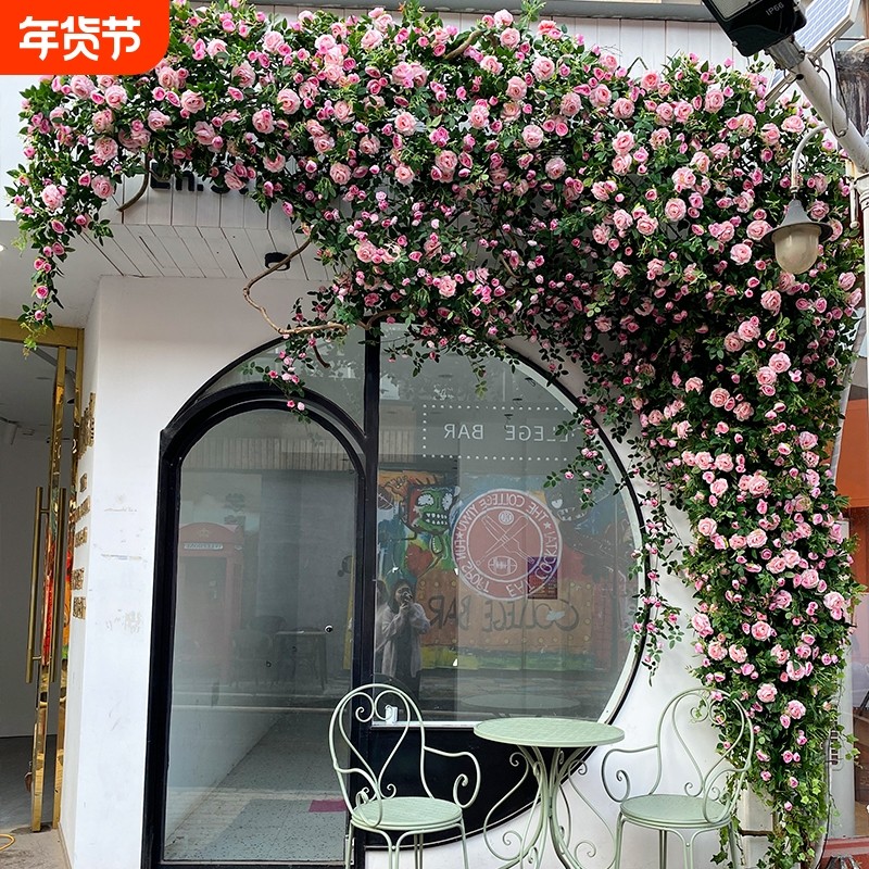 仿真玫瑰花藤墙面装饰假花藤条蔓空调水管阳背景台道造景逼真蔷薇