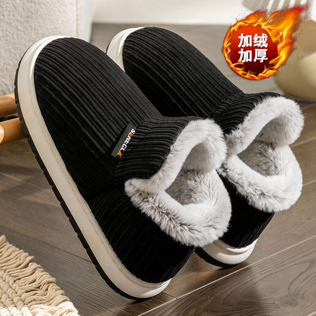 棉拖鞋男款踩屎感防滑减震加绒保暖高帮雪地靴冬季可外穿白色毛绒