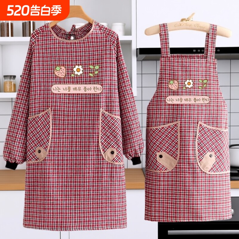 新款围裙女厨房家用棉布做饭围兜2024防油上班工作服长袖罩衣耐磨
