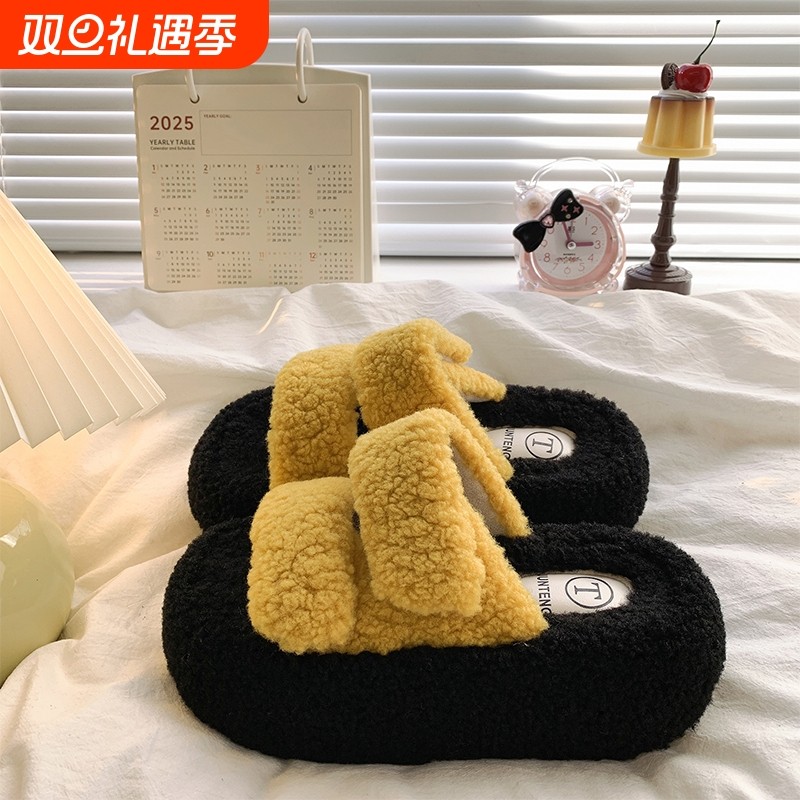 巨好看松糕厚底毛毛拖鞋女外穿2025秋冬新款居家防滑懒人一字棉拖