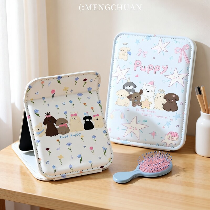 折叠镜家用桌面化妆镜子学生可爱猫咪花朵随身镜便携台式高清绿色