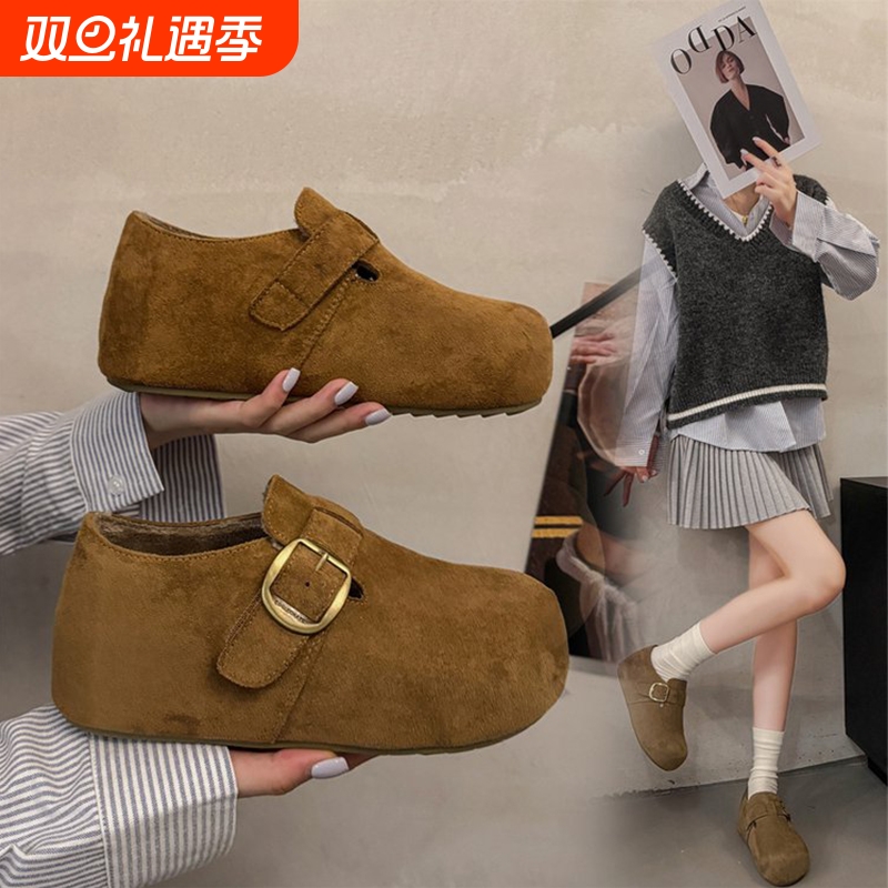 加绒厚底勃肯鞋2025秋冬新款内增高5cm全包博肯鞋小个子毛毛鞋女