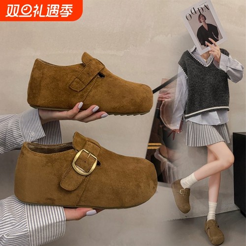 加绒厚底勃肯鞋2025秋冬新款内增高5cm全包博肯鞋小个子毛毛鞋女
