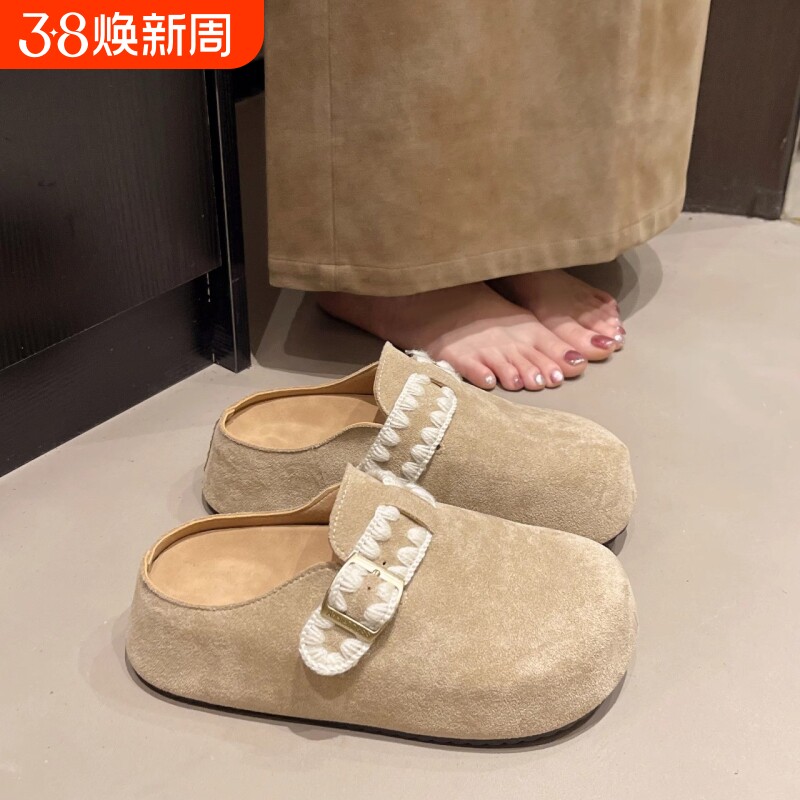 厚底增高包头半拖鞋女2025秋季新款一脚蹬勃肯鞋白色平底刺绣