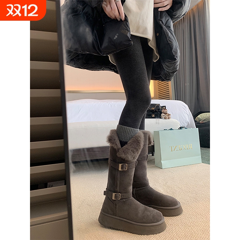 费尔岛款厚底毛毛加绒加厚保暖棉鞋中长筒雪地靴女冬季款灰色高筒