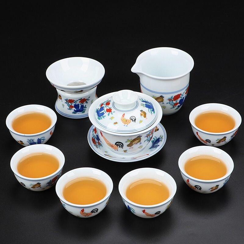 陶瓷大明成化鸡缸杯功夫茶具套装仿古家用瓷复古斗彩茶杯茶壶白瓷
