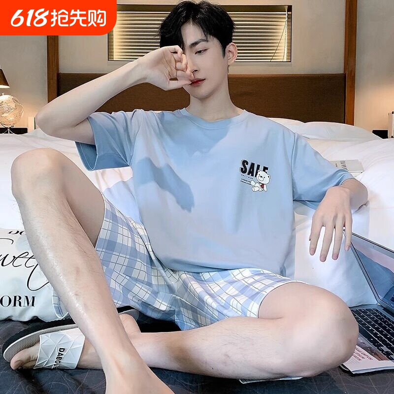 睡衣男款夏季纯棉薄款短袖短裤套装男士卡通休闲大码可外穿家居服