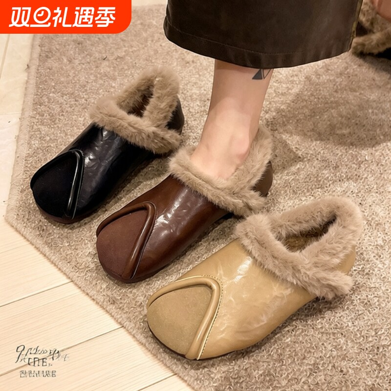 小众复古毛毛鞋女冬外穿2025新款可踩跟两穿加绒豆豆鞋保暖棉瓢鞋