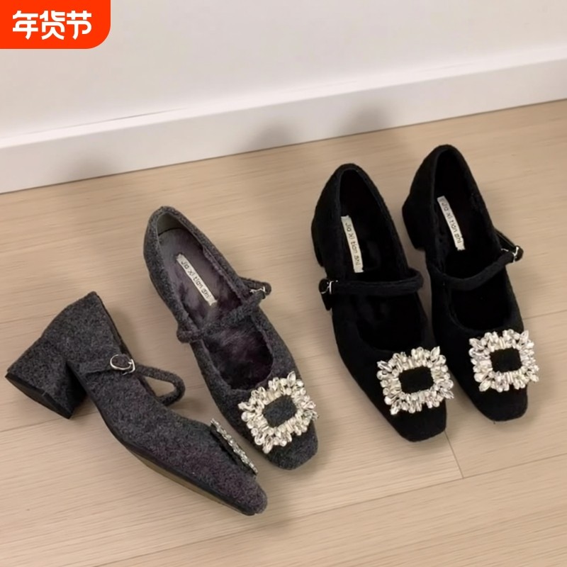 粗跟气质玛丽珍鞋法式晚晚方头水钻呢子毛毛鞋女秋冬外穿高跟单鞋,女鞋,玛丽珍鞋,淘宝优惠券,粉丝福利购,淘宝优惠卷