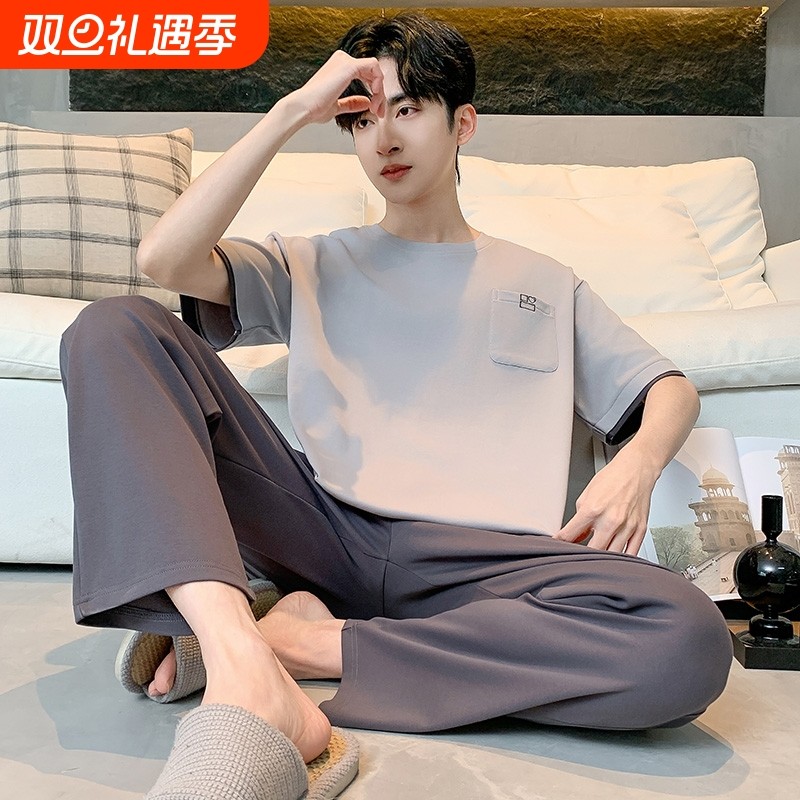 帕兰朵短袖长裤纯棉睡衣男款夏天大码套装可外穿夏季家居服男士