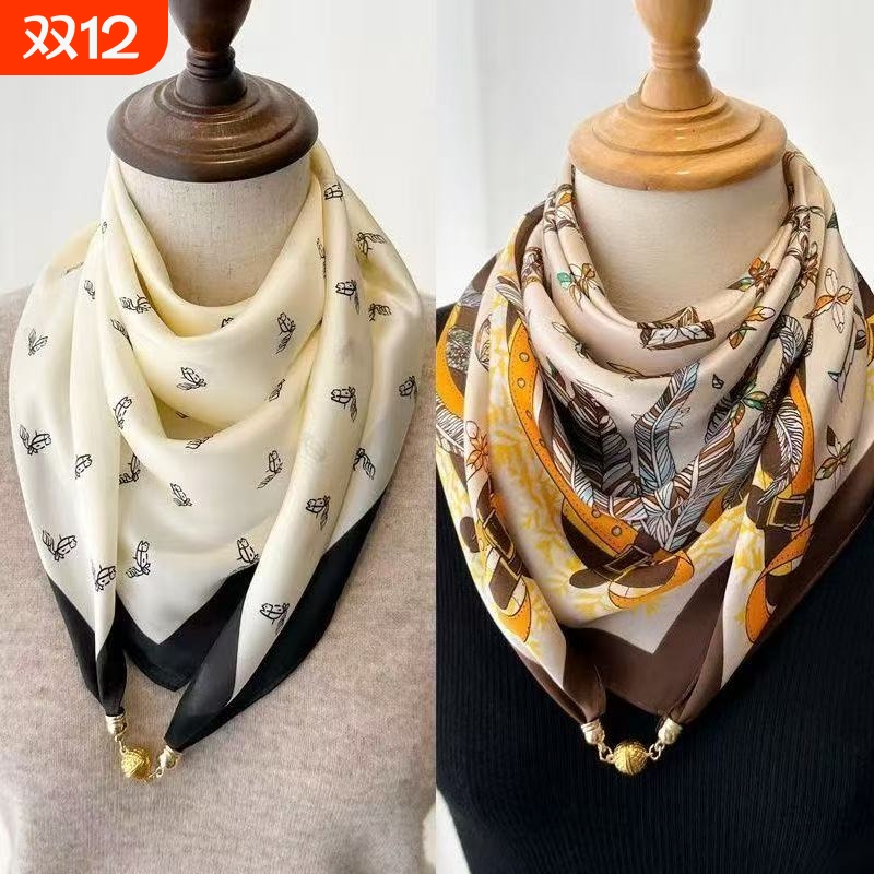 磁吸扣仿真丝方巾新款春秋冬三角围巾丝巾护颈时尚红围脖保暖丝滑