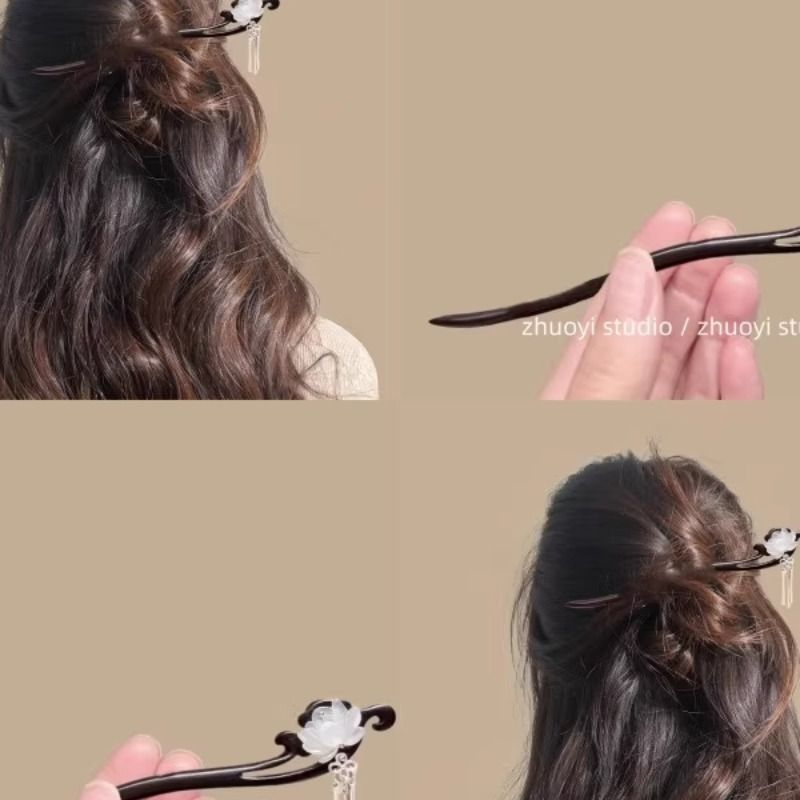 古风莲花檀木发簪女中式步摇流苏盘发簪子日常通勤感汉服头饰双面