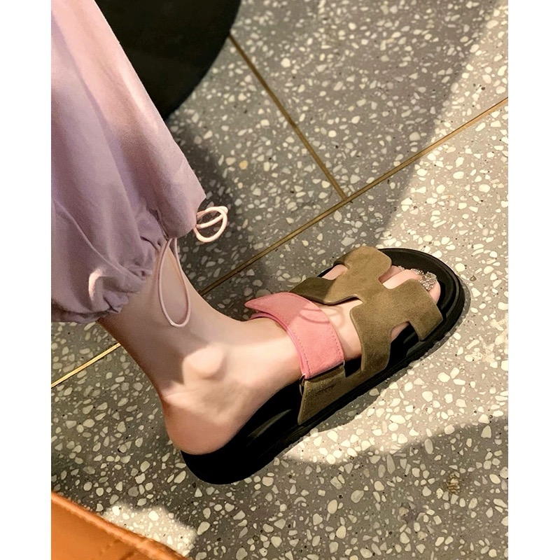 超级二舅~真皮魔术贴休闲厚底H拖鞋女凉拖一字带外穿夏沙滩女鞋