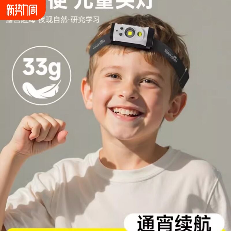 沃尔森Candy儿童头灯赶海露营感应登山轻便充电帽夹强光头戴式