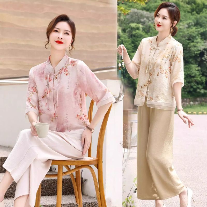妈妈装夏装中老年套装夏季短袖衬衫新款女洋气新中式国风T恤上衣