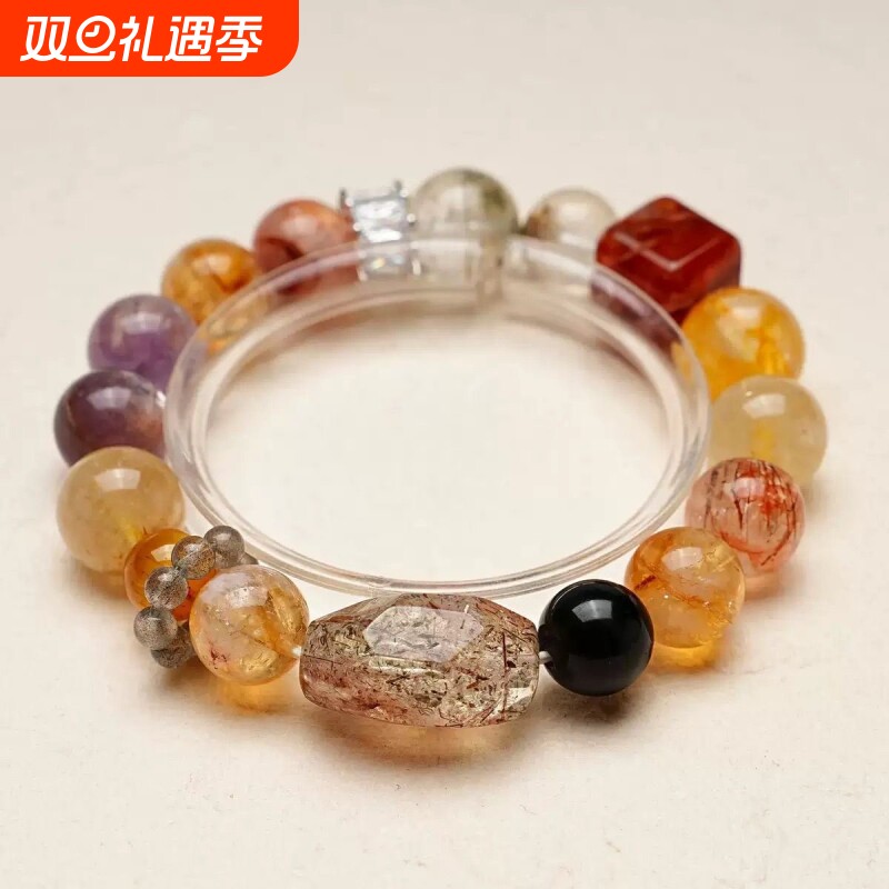 高货天然金发晶紫兔毛水晶手串女款绿幽灵黑金超七灰月光手链