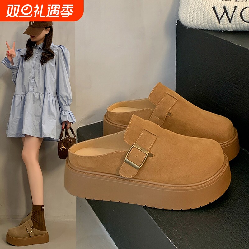 勃肯鞋女外穿2025年秋季新款厚底懒人一脚蹬包头半拖鞋卡其色休闲