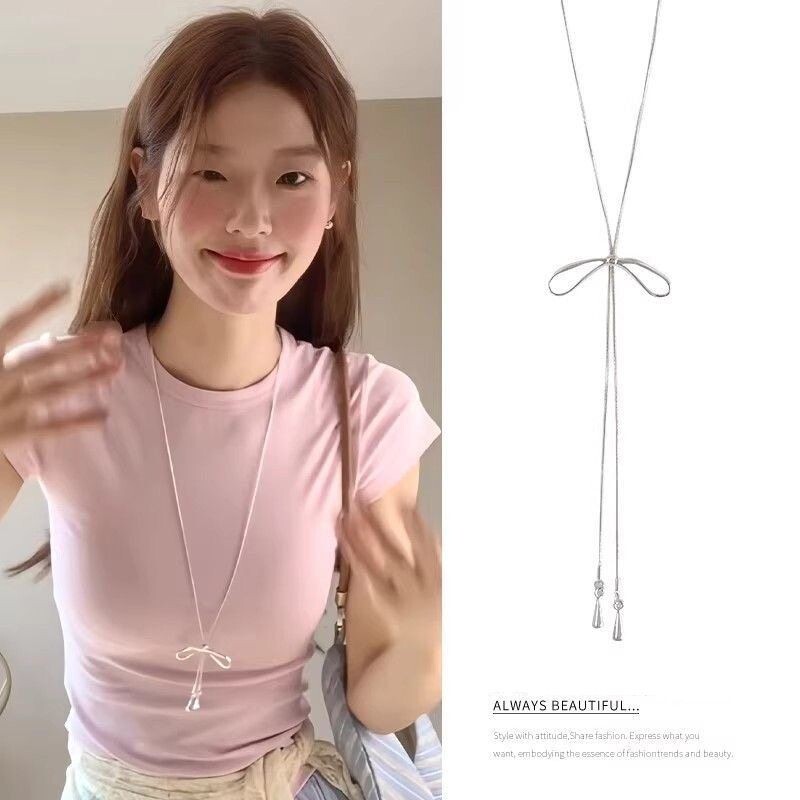 甜美简约抽拉蝴蝶结项链女韩系小众设计长款配饰百搭新款