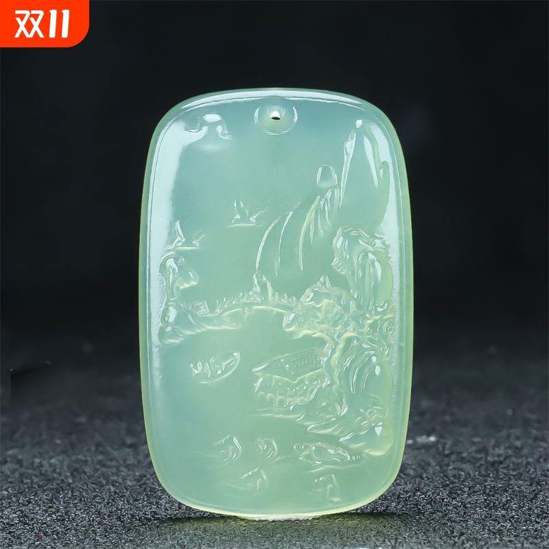 送证书天然高冰种浅绿色湖水绿岫玉流水生财山水牌玉石吊坠挂件