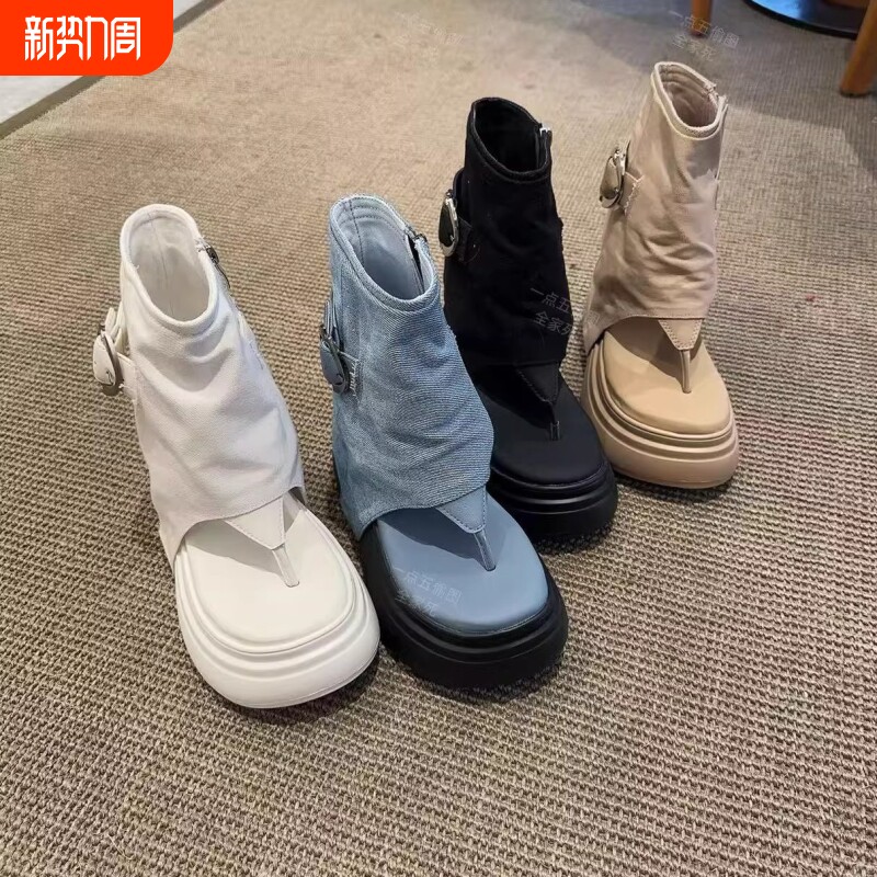 增高裤管靴女2026夏新款10cm松糕厚底短靴人字夹趾罗马凉鞋高